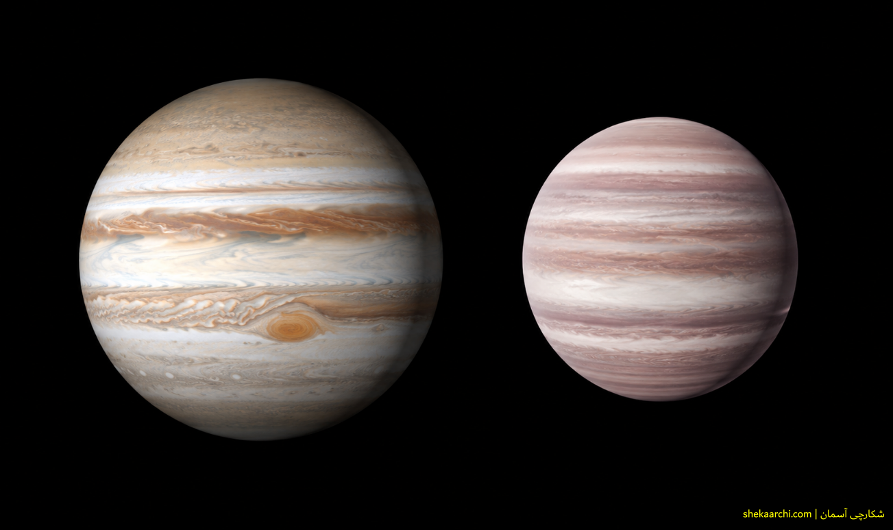 مقایسه مشتری و سیاره فراخورشیدی HR 2562 b؛ مشتری در چپ و HR 2562 b در راست. / Comparison of Jupiter and the exoplanet HR 2562 b, with Jupiter on the left and HR 2562 b on the right.